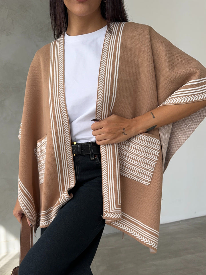 Knitted Cardigan/Poncho with Stripe Edge – Camel - jqwholesale.com