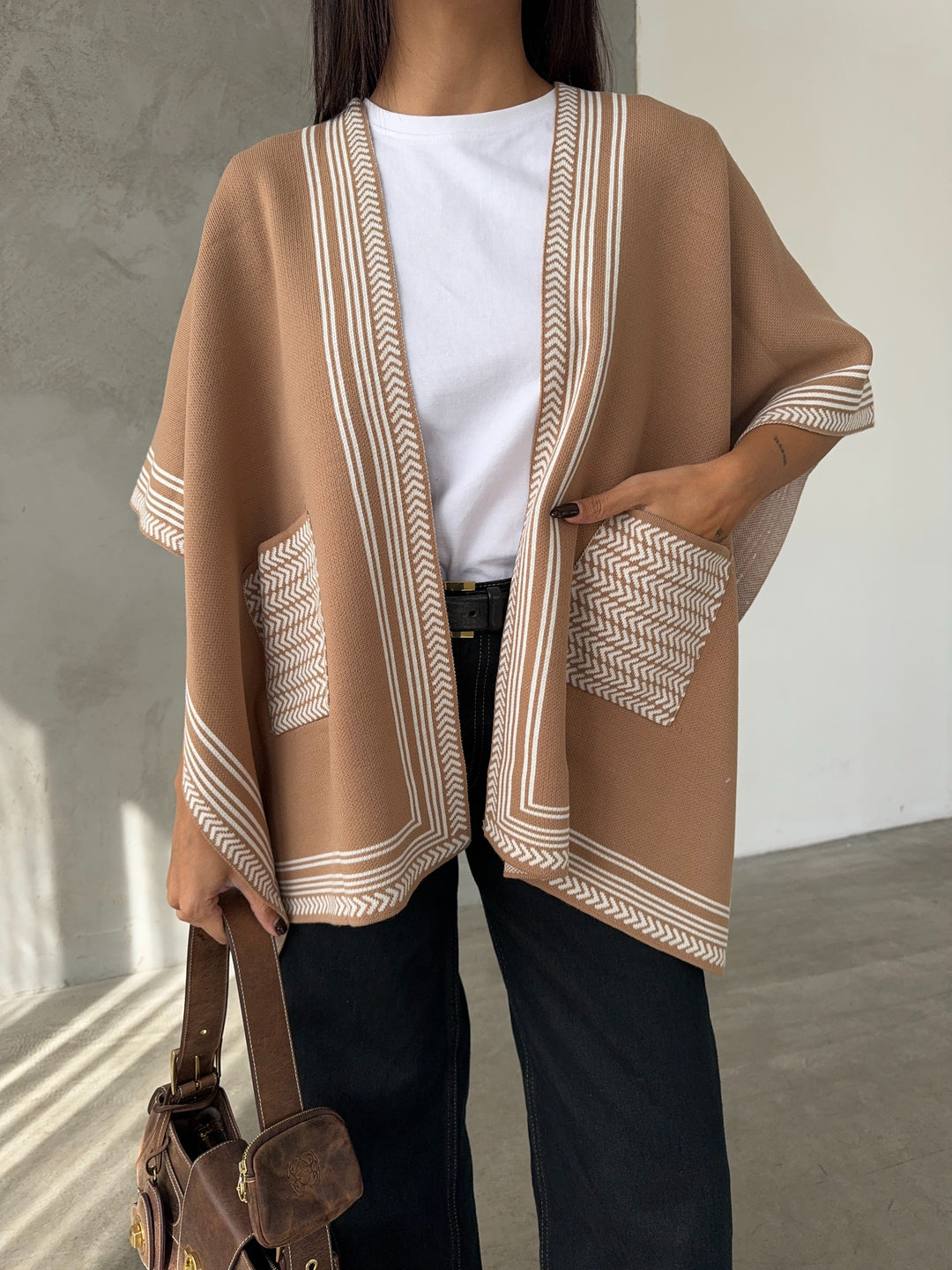 Knitted Cardigan/Poncho with Stripe Edge – Camel - jqwholesale.com