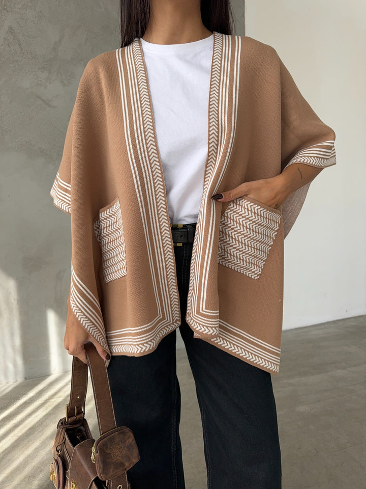 Knitted Cardigan/Poncho with Stripe Edge – Camel - jqwholesale.com