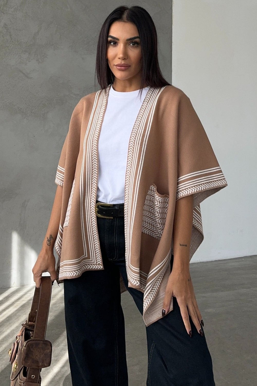 Knitted Cardigan/Poncho with Stripe Edge – Camel - jqwholesale.com
