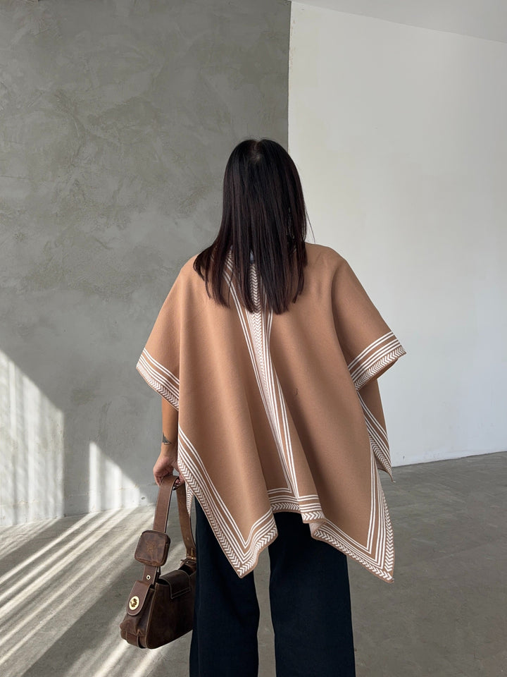 Knitted Cardigan/Poncho with Stripe Edge – Camel - jqwholesale.com