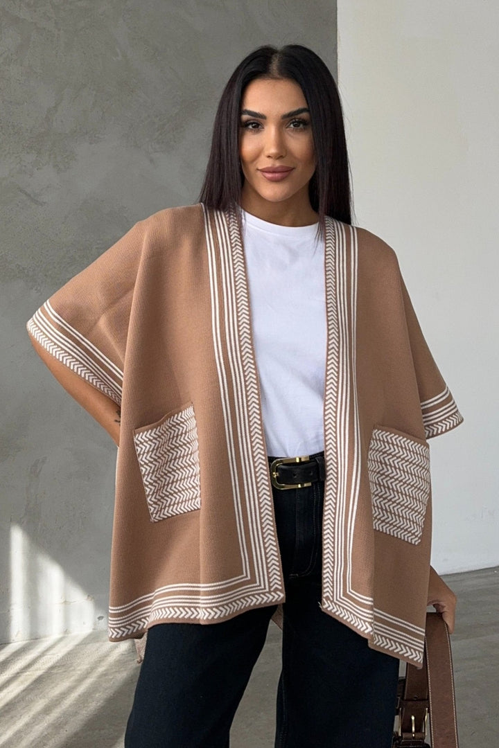 Knitted Cardigan/Poncho with Stripe Edge – Camel - jqwholesale.com