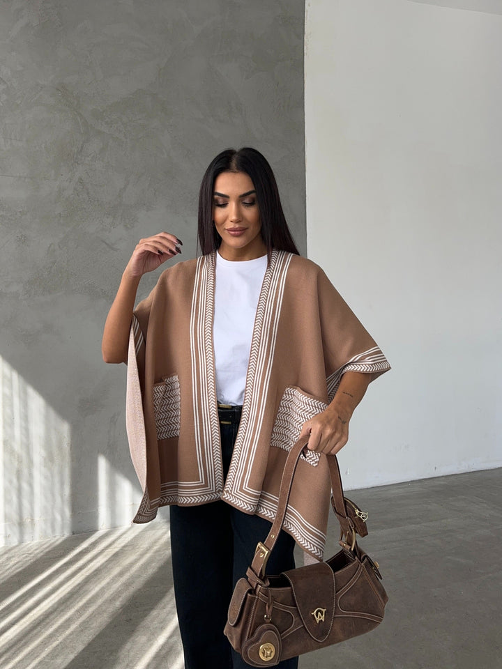 Knitted Cardigan/Poncho with Stripe Edge – Camel - jqwholesale.com