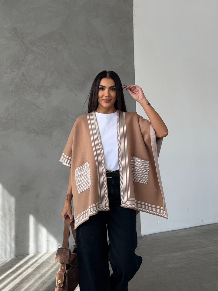 Knitted Cardigan/Poncho with Stripe Edge – Camel - jqwholesale.com