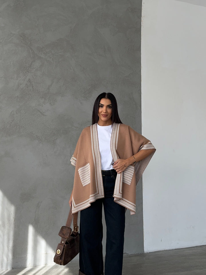 Knitted Cardigan/Poncho with Stripe Edge – Camel - jqwholesale.com