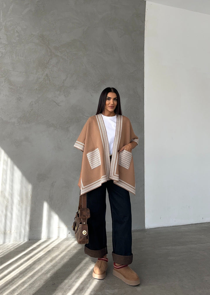 Knitted Cardigan/Poncho with Stripe Edge – Camel - jqwholesale.com