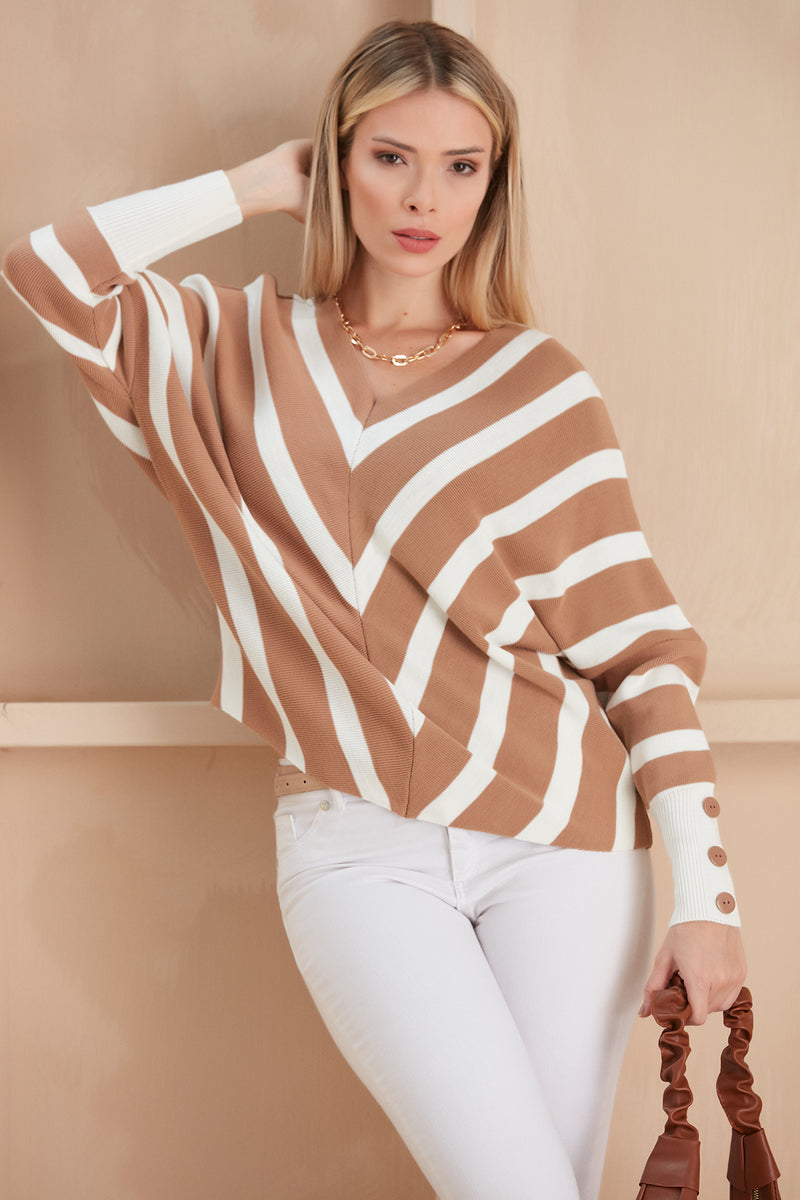 Camel Off-Shoulder Striped Knit Sweater with Button Details - jqwholesale.com
