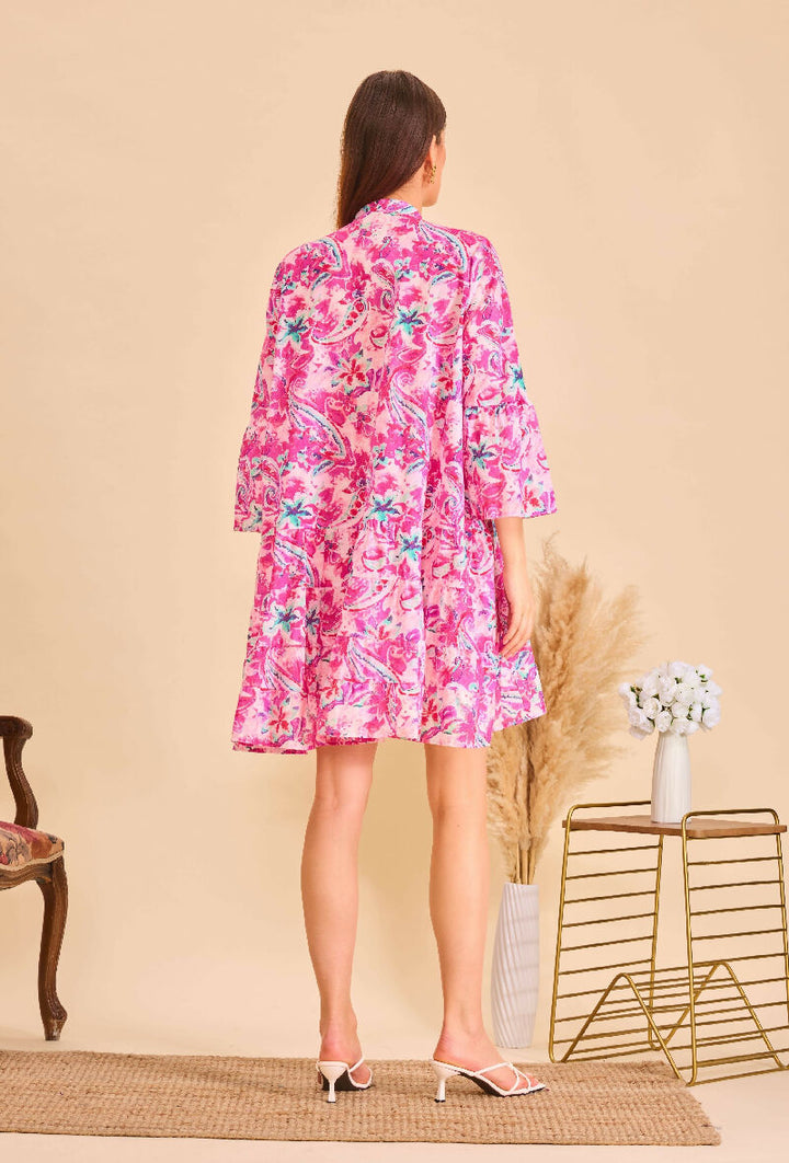 Short A-line dress in printed cotton- Pink