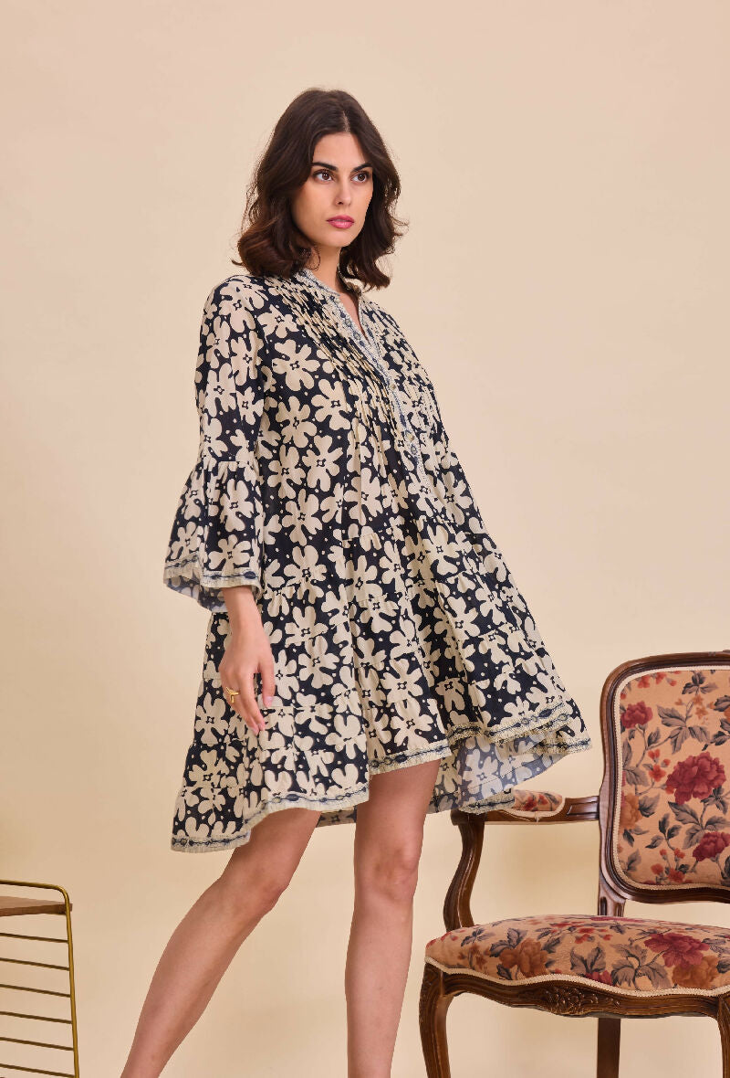 Short A-line dress in printed cotton- Black
