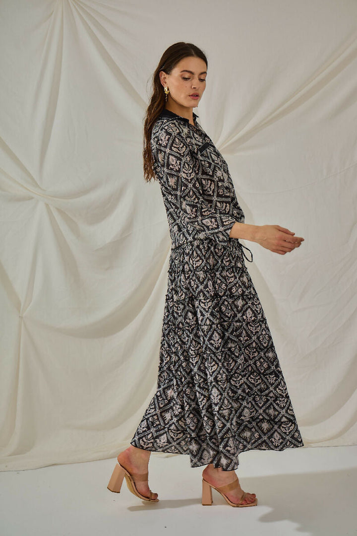 Bohemian long cotton smocked skirt- Black