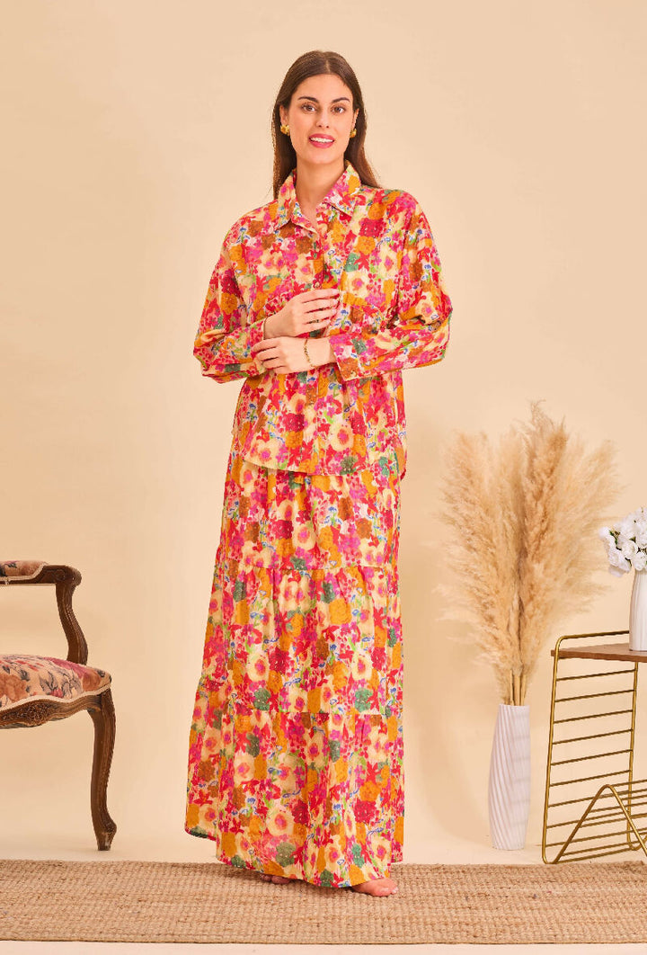 Long cotton skirt with floral print - Black