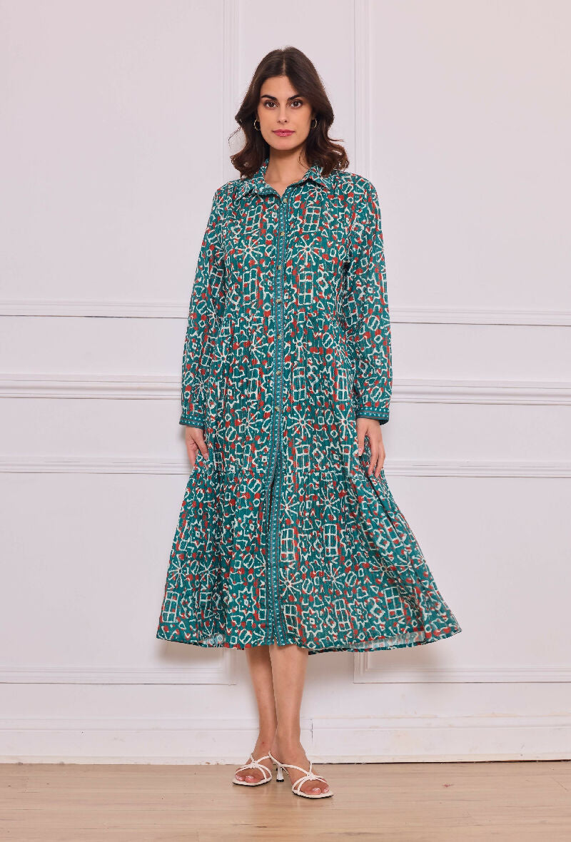 Mid-length cotton shirt dress - Green