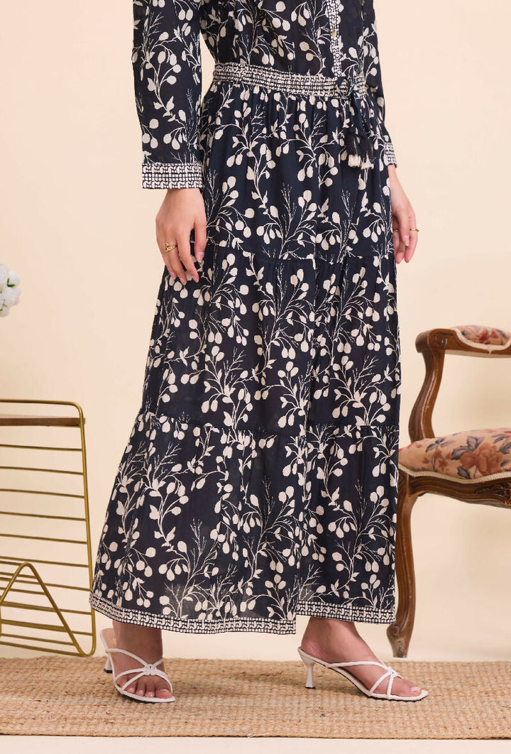 Long cotton skirt with floral print - Black