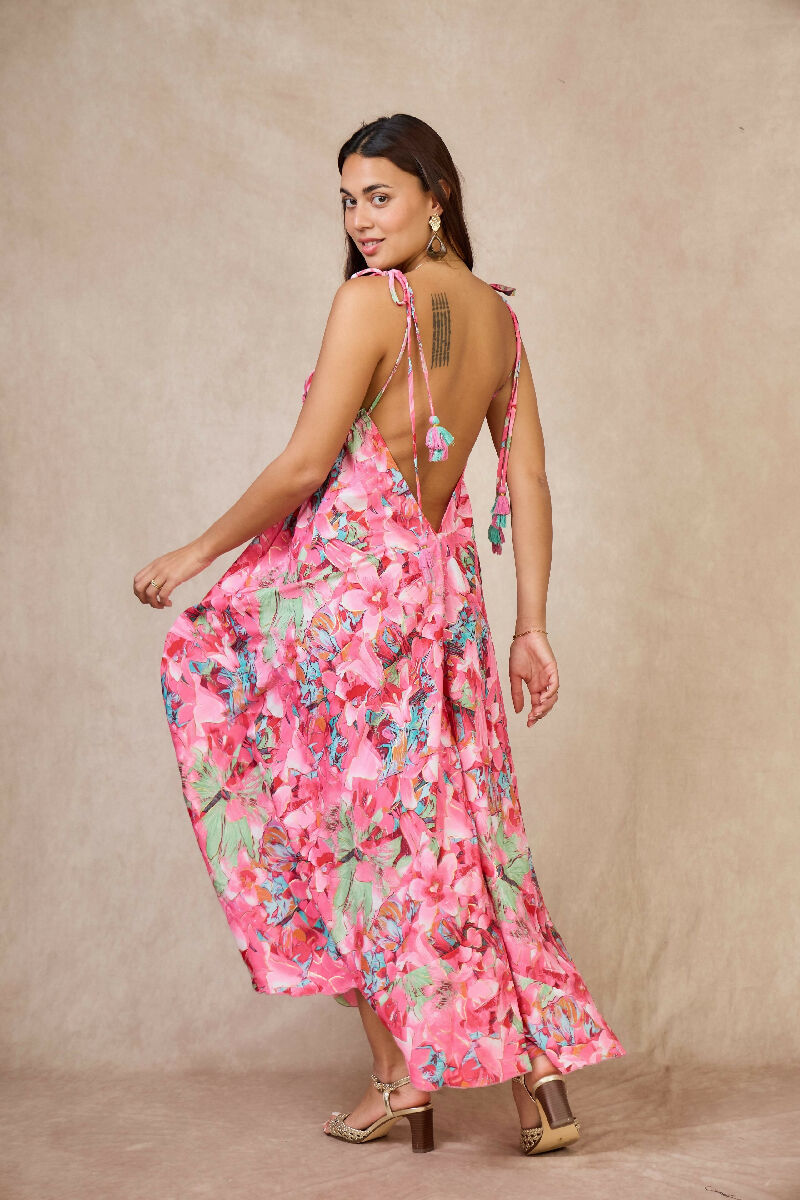Long bohemian silk backless dress - Pink