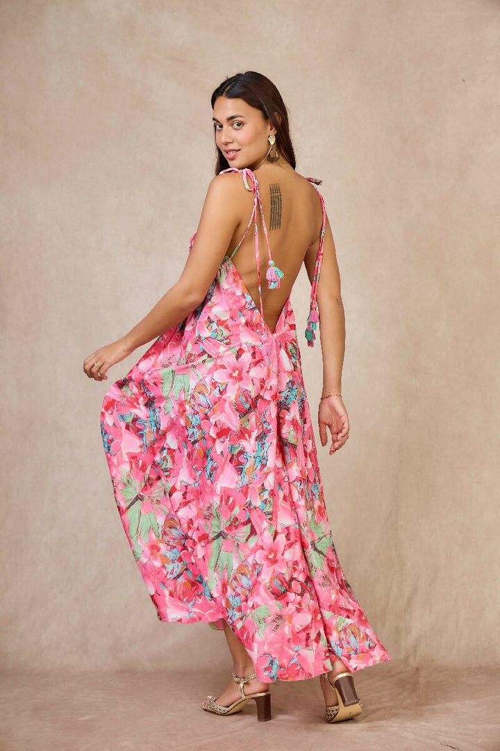 Long bohemian silk backless dress - Pink