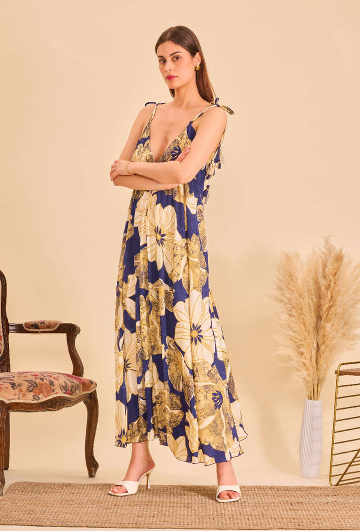 Long bohemian silk backless dress - Bleu