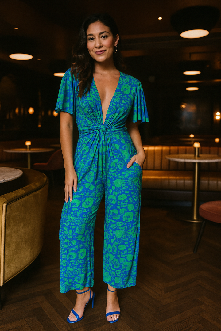 Tropical Green Angel Sleeve Maxi Jumpsuit with Twist Detail - jqwholesale.com