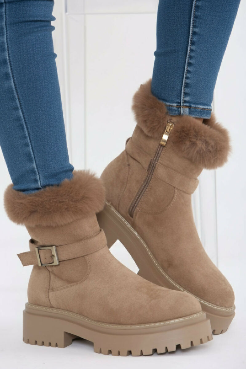 Camel Faux Fur Collar Buckle Ankle Boot (PACK OF 12 PAIRS UK3-UK8)