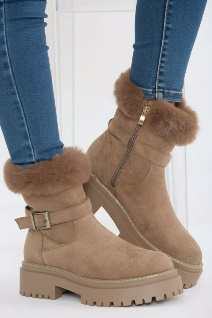 Camel Faux Fur Collar Buckle Ankle Boot (PACK OF 12 PAIRS UK3-UK8)