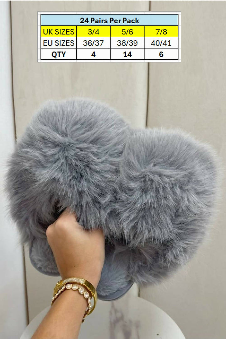 EXTREME COSY OVERSIZED GREY FLUFFY FUR WINTER SLIPPERS (PACK OF 24 PAIRS UK3-UK8) - jqwholesale.com