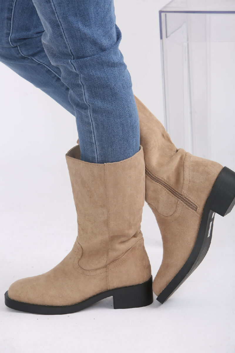 Camel Suede Designer Calf High Flat Boot (PACK OF 12 PAIRS UK3-UK8) - jqwholesale.com