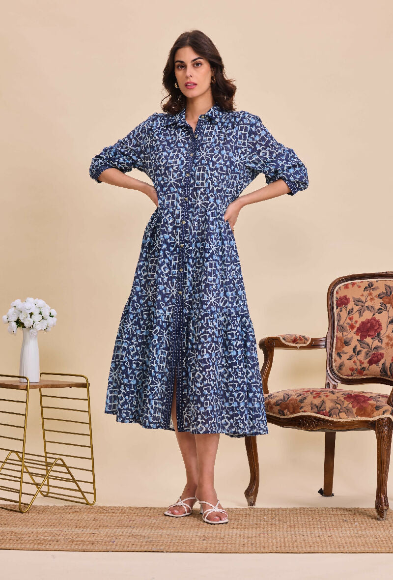 Mid-length cotton shirt dress - Navy