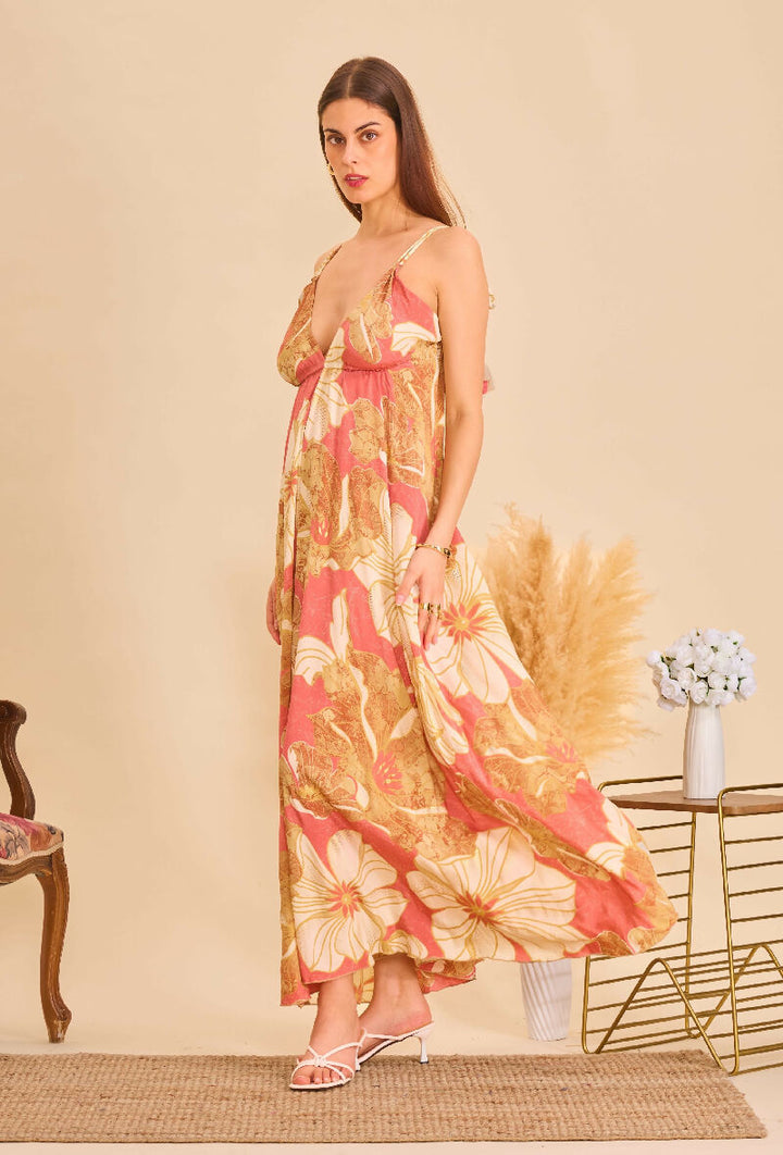 Long bohemian silk backless dress - Earth