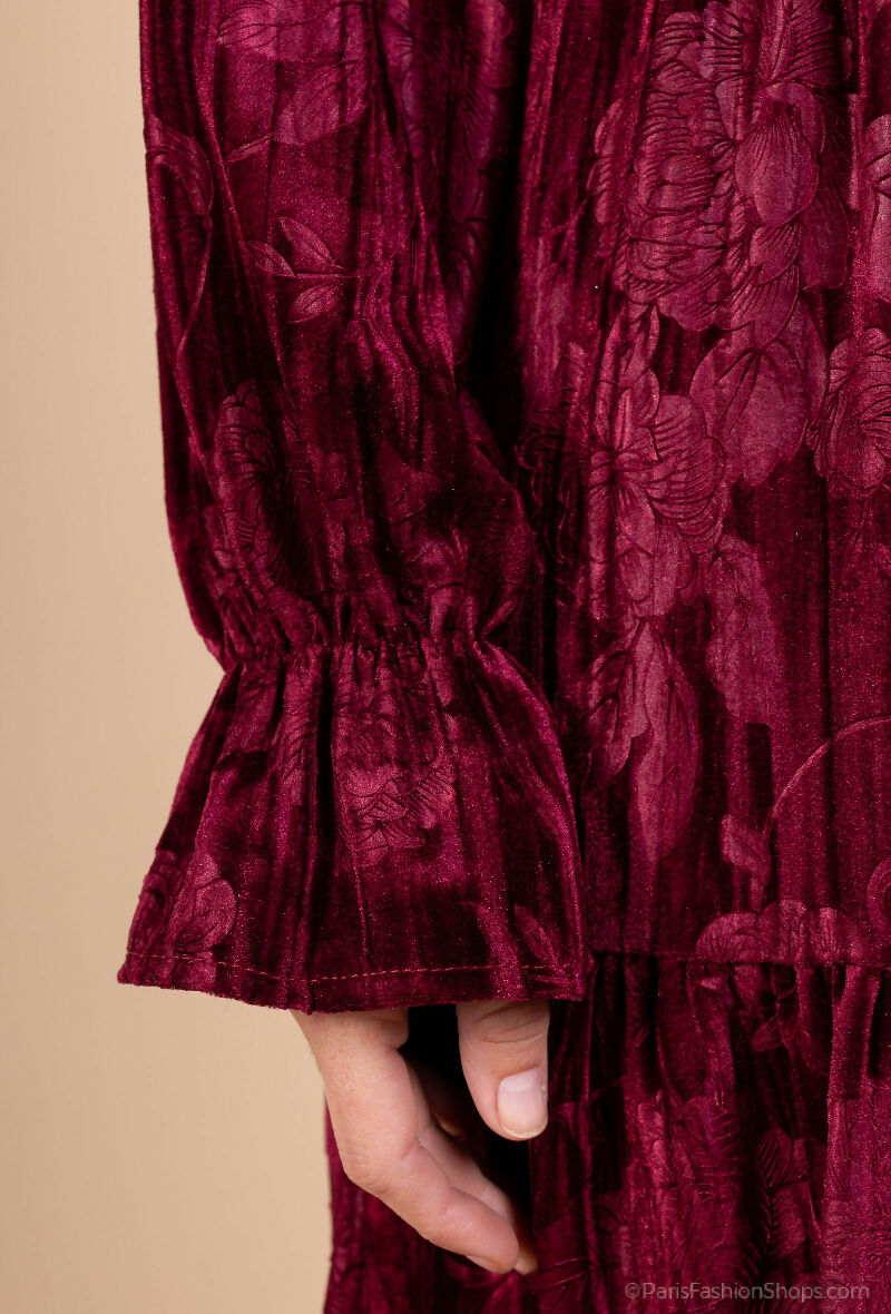 Long Pleated Velvet Ruffle Dress