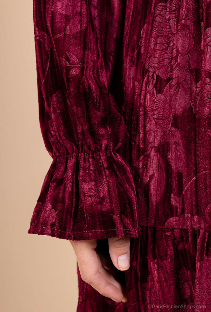 Long Pleated Velvet Ruffle Dress