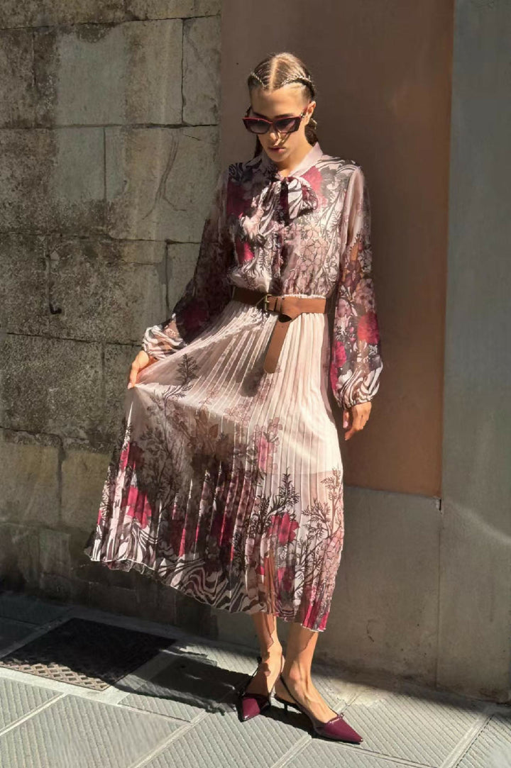 Pleated Long Floral Print Dress