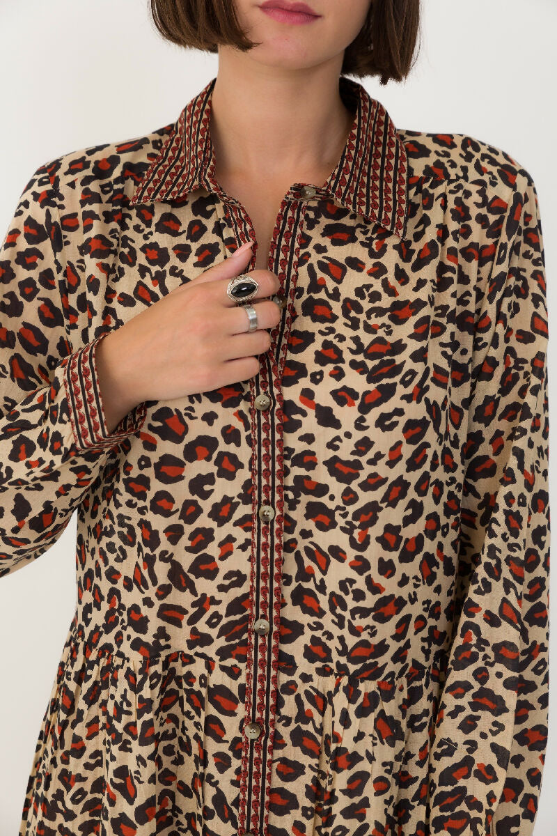 Cotton shirt dress with leopard print