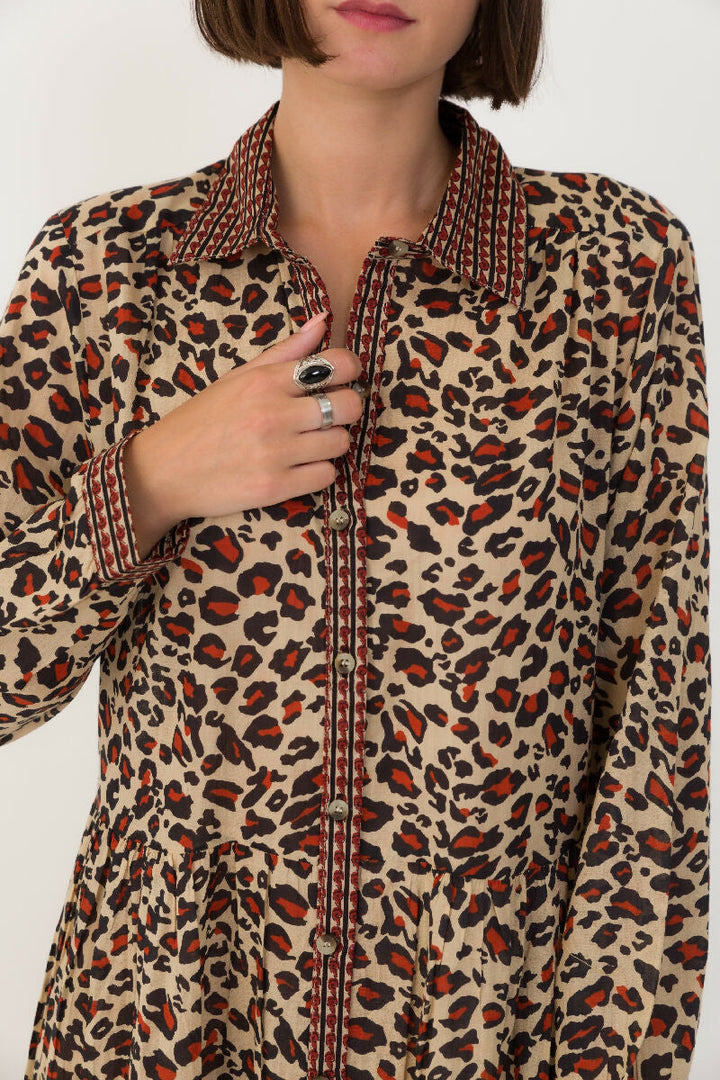 Cotton shirt dress with leopard print