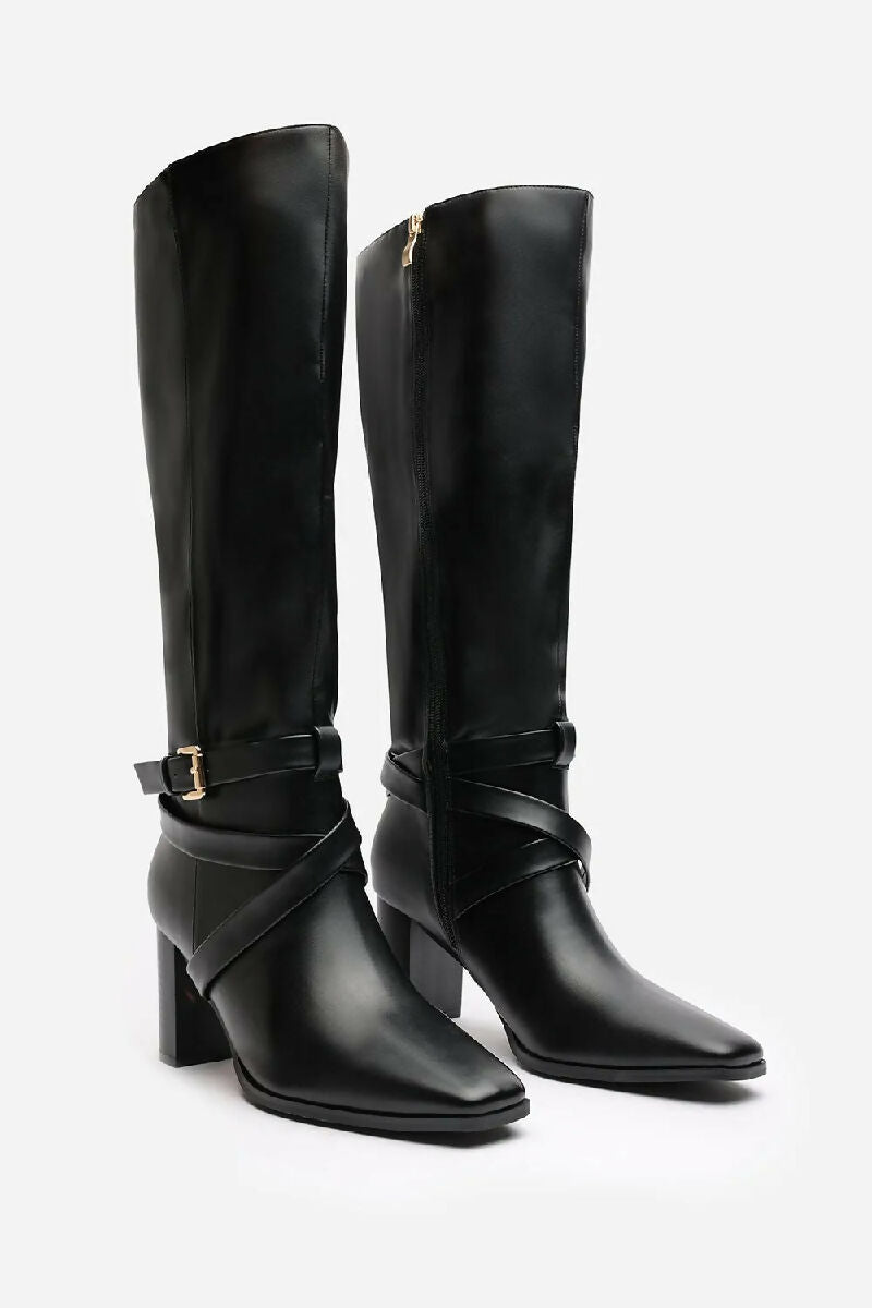 BLACK KNEE HIGH BLOCK HEELED BOOT (PACK OF 12 PAIRS UK3-UK8) - jqwholesale.com