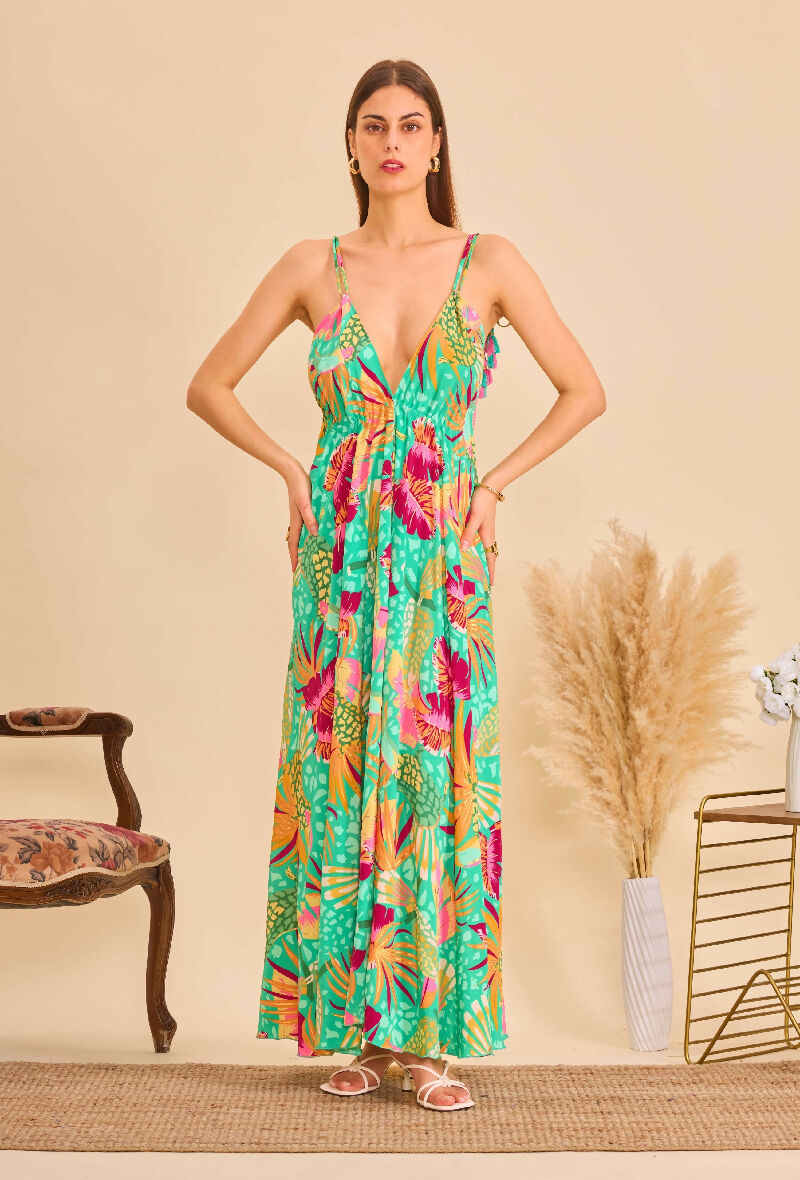 Long bohemian silk backless dress - Green