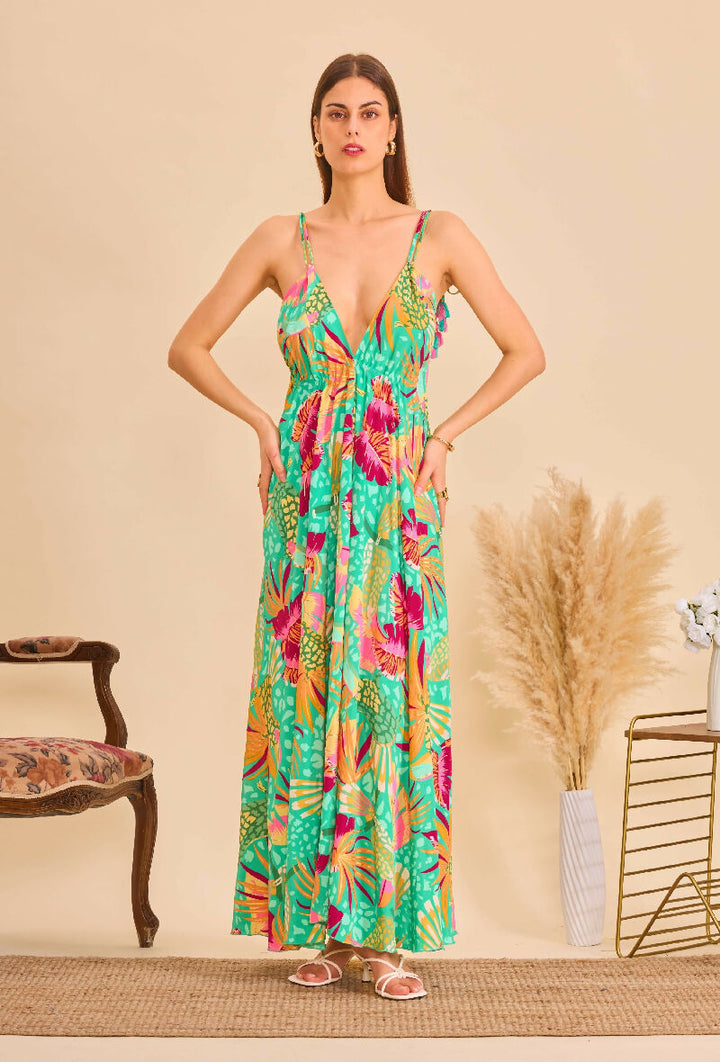 Long bohemian silk backless dress - Green