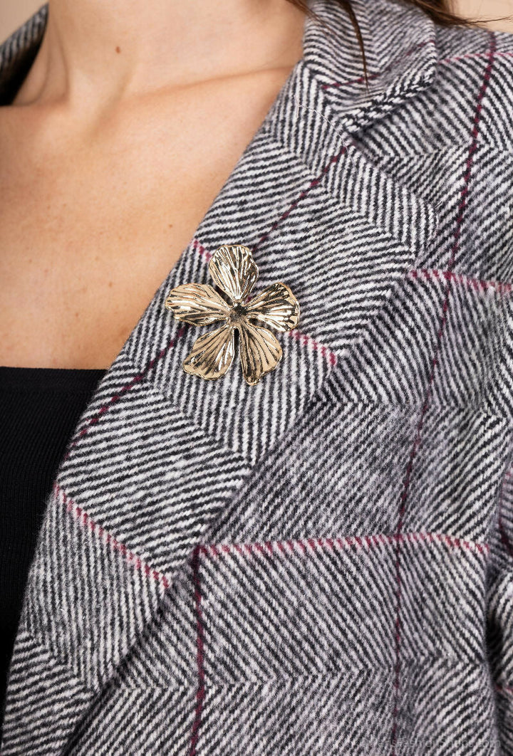 Plaid Blazer with Brooch