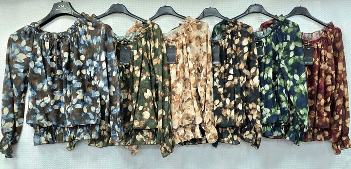 Contrast Leaf Ruffle Frill Bardot blouse - jqwholesale.com