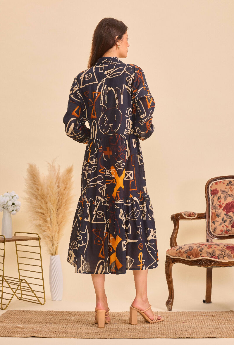 Mid-length bohemian cotton dress - Black