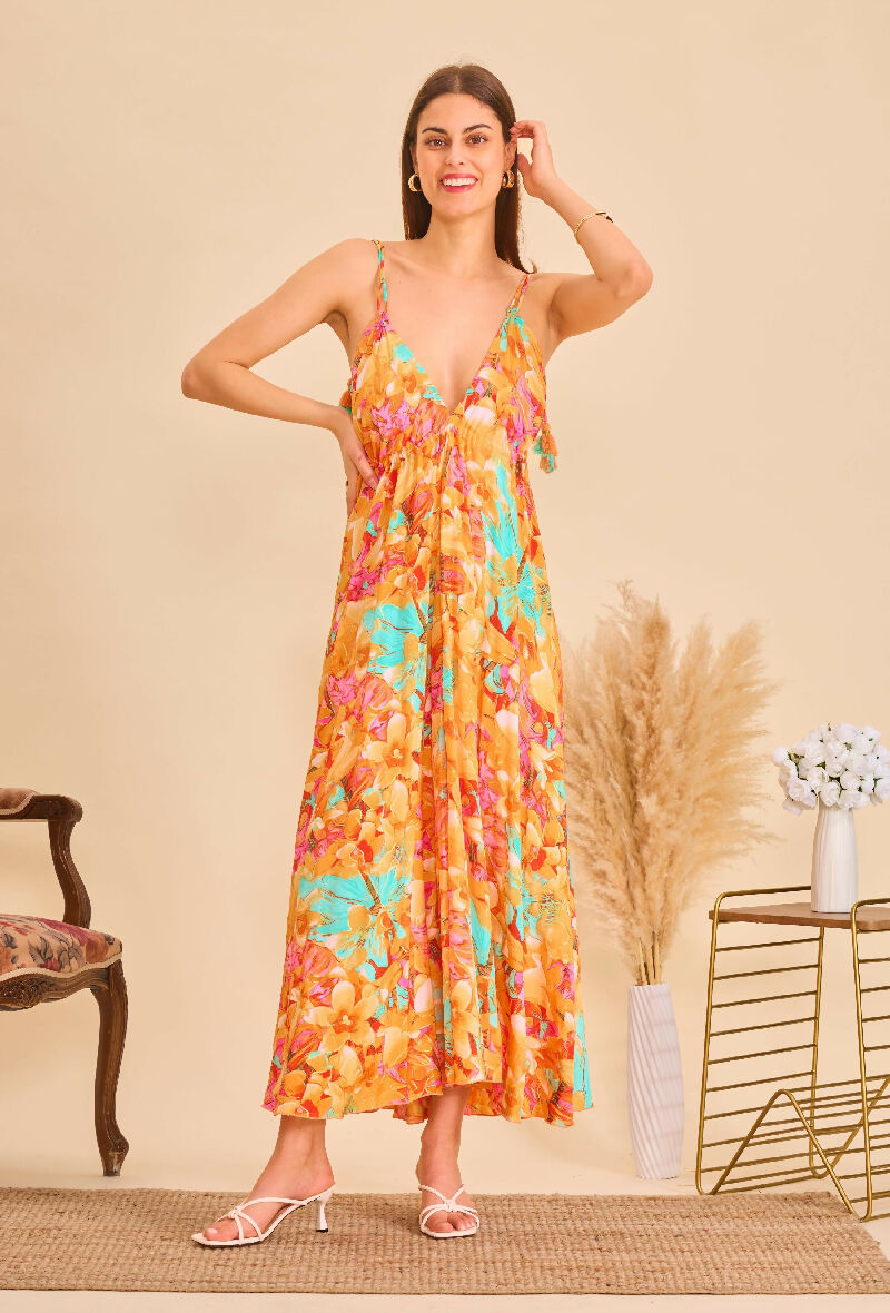 Long bohemian silk backless dress - Orange