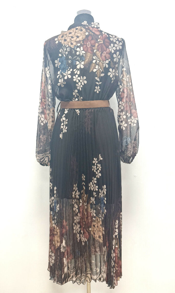 Pleated Long Floral Print Dress