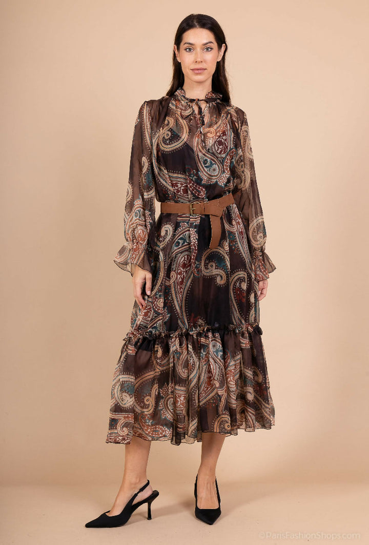 Printed Chiffon Maxi Dress with Belt