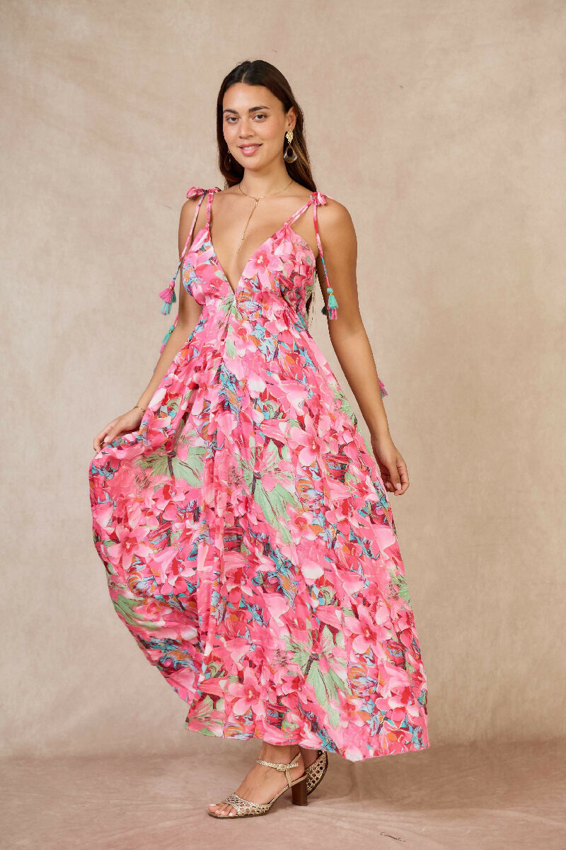 Long bohemian silk backless dress - Pink
