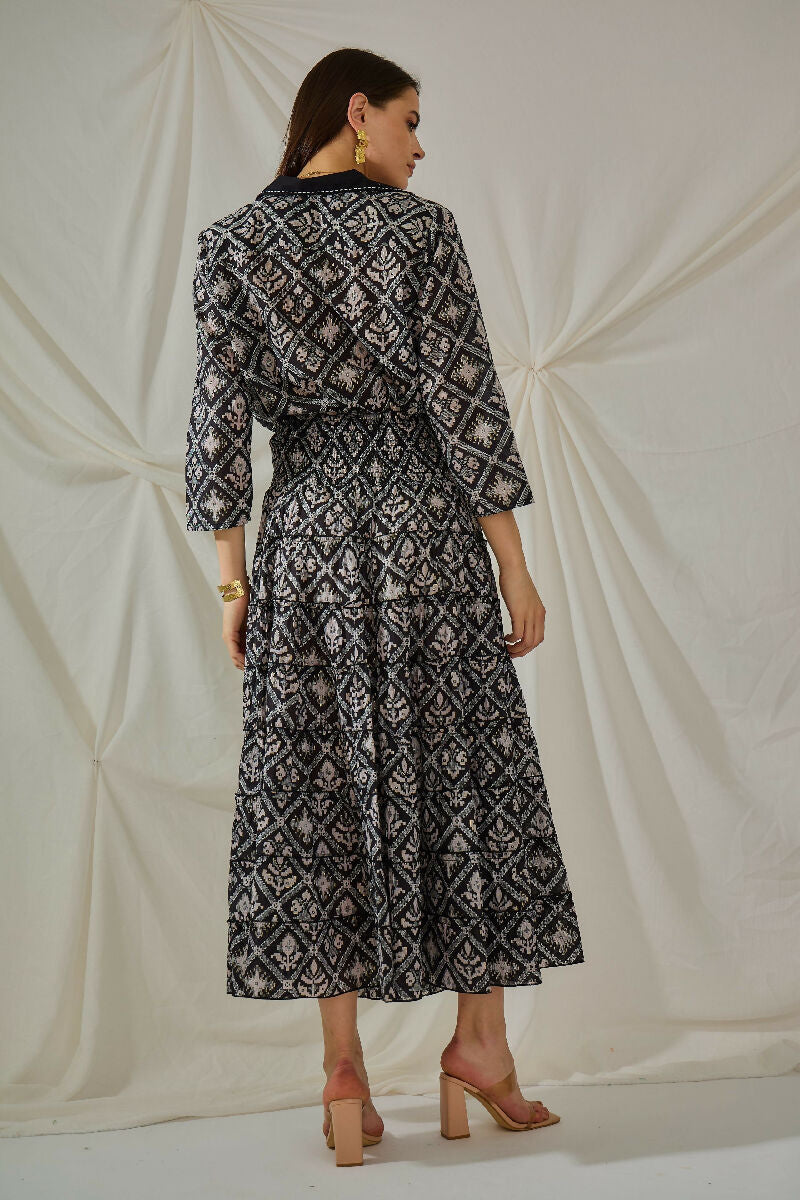 Bohemian long cotton smocked skirt- Black