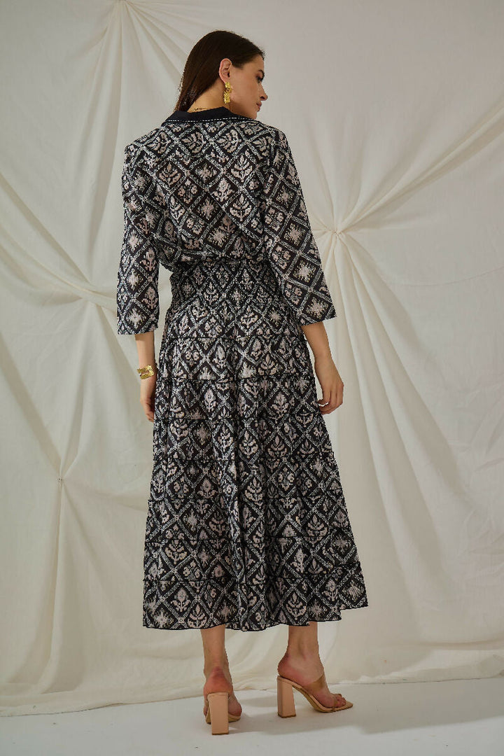 Bohemian long cotton smocked skirt- Black