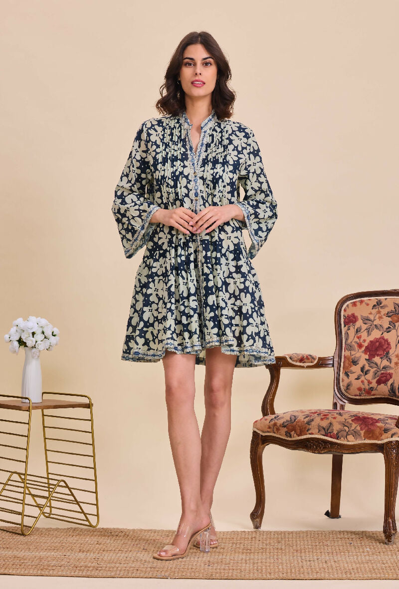 Short A-line dress in printed cotton- Navy