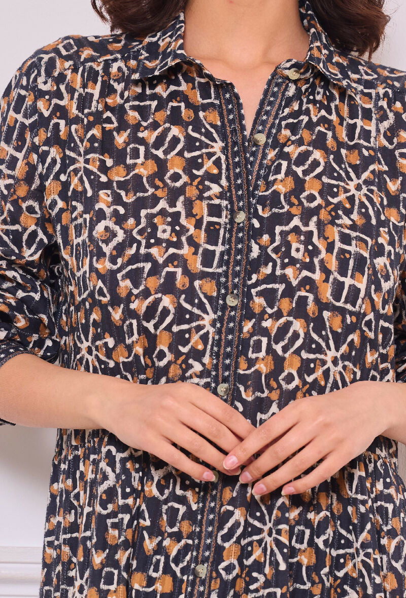 Mid-length cotton shirt dress - Blue