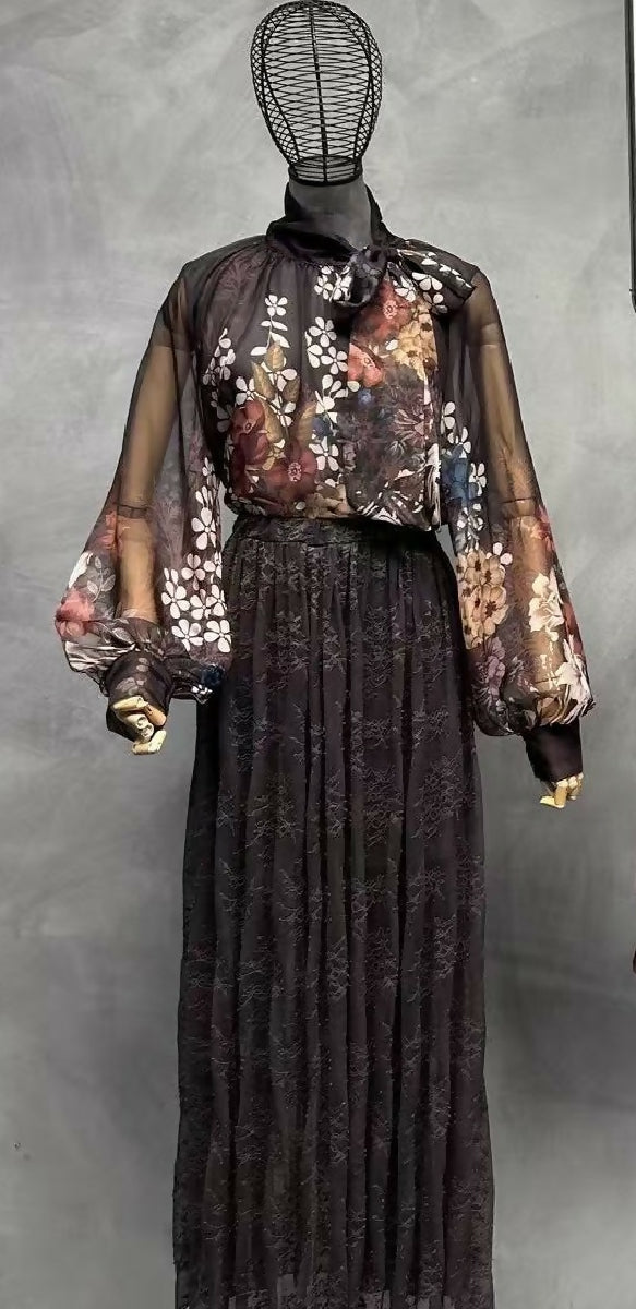 Floral Print Chiffon Blouse with Bow