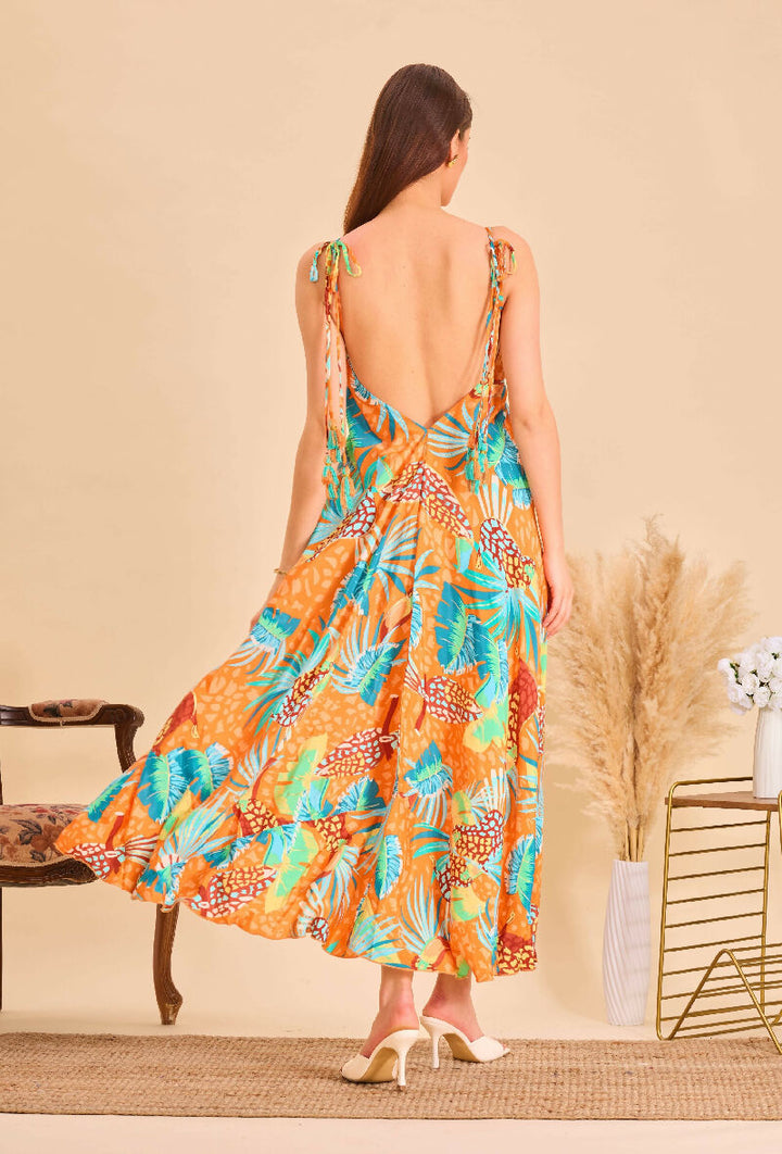 Long bohemian silk backless dress - Orange