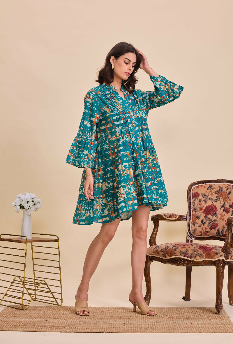 Short A-line dress in printed cotton- Green