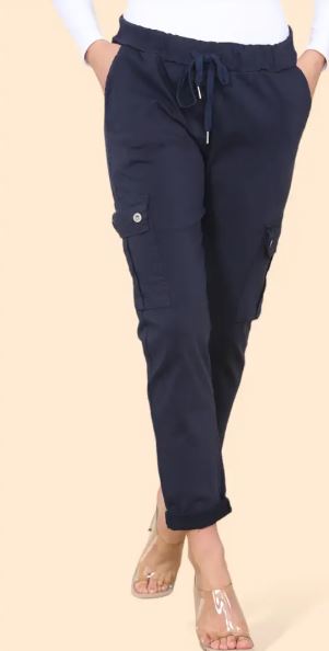 Plain Cargo Stud Pocket Bi-Stretch Magic Trousers - jqwholesale.com